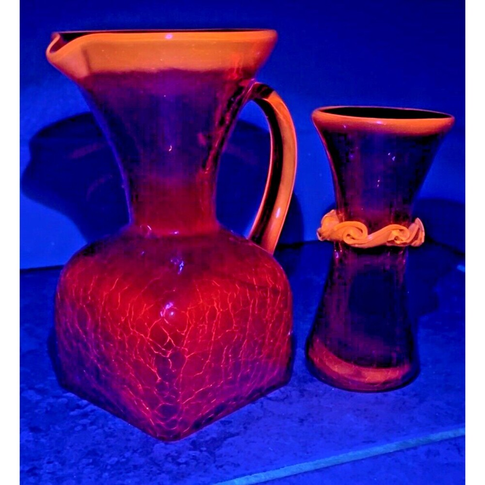 Vintage Blenko? Rainbow?Amberina Flourescent Crackle Glass  Pitcher & Vase Rare!